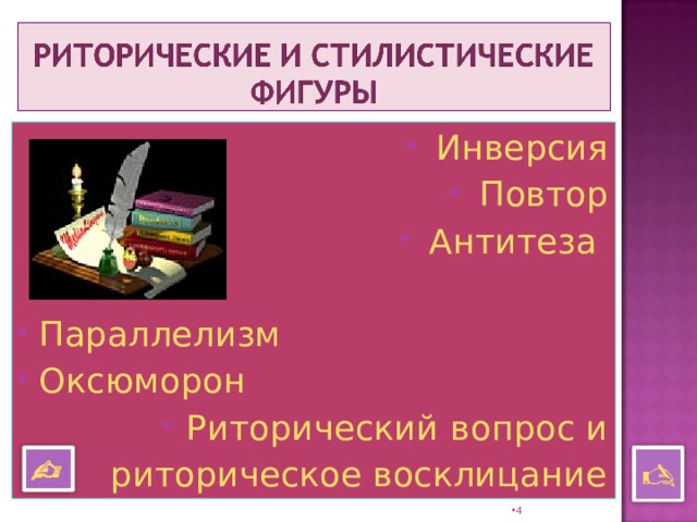 Инве рсия Повтор Антитеза Параллелизм Оксюморон Риторический вопрос и риторическое восклицание    3 