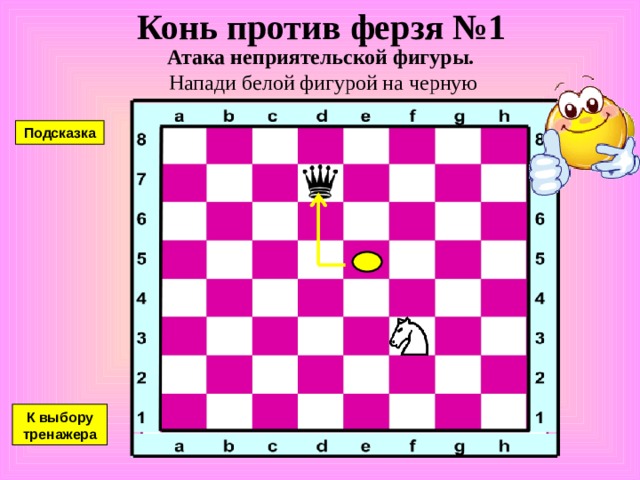 Тренажеры Конь против Ферзя, Слона и Ладьи  4 3 2 1 Взятие и Защита  Двойной удар  1 3 2 1 2 6 5 1 2 3 4 Сними часовых  Перехитри часовых  5 1 2 3 4 5 6 1 2 3 4 