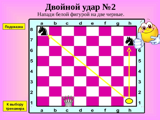 Двойной удар №1 Напади белой фигурой на две черные. Подсказка К выбору тренажера 