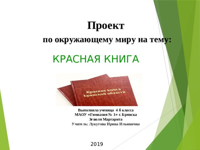 Проект   по окружающему миру на тему:                       Выполнила ученица 4 б класса  МАОУ « Гимназия № 1 » г. Брянска  Зезюля Маргарита  Учитель: Лукутова Ирина Ильинична    КРАСНАЯ КНИГА 2019 