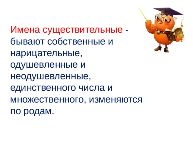 Имена существительные - бывают собственные и  нарицательные, одушевленные и неодушевленные, единственного числа и множественного, изменяются по родам. 