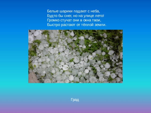 Белые шарики падают с неба,  Будто бы снег, но на улице лето!  Громко стучат они в окна твои,  Быстро растают от тёплой земли. Град 