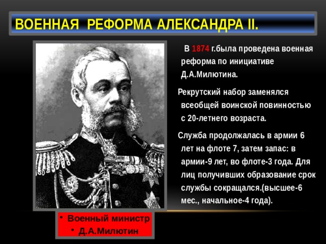 Что такое рекрутские наборы. Военная реформа Александра 2 1874. Военная реформа Милютина Введение всеобщей воинской повинности. Военная реформа Александра 2 Милютин.