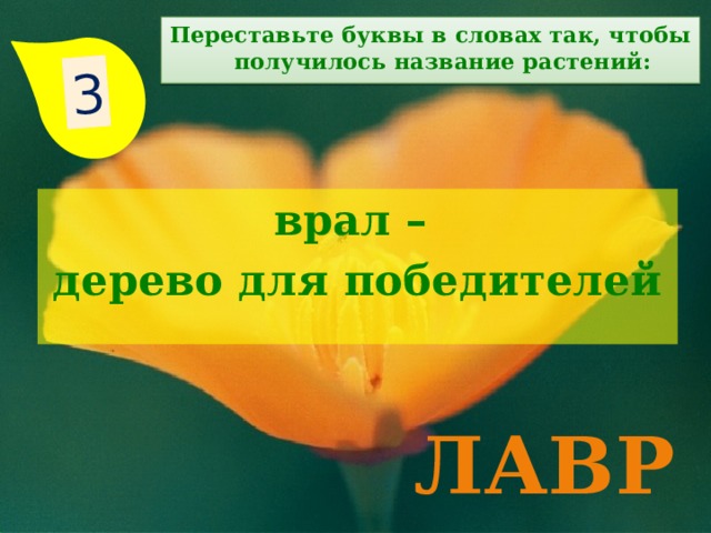 3 Переставьте буквы в словах так, чтобы получилось название растений: врал – дерево для победителей лавр 