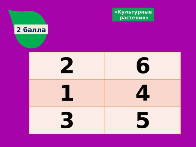 «Культурные  растения» 2 балла 2 6 1 4 3 5 