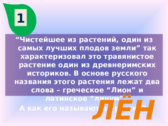 1 “ Чистейшее из растений, один из самых лучших плодов земли” так характеризовал это травянистое растение один из древнеримских историков. В основе русского названия этого растения лежат два слова – греческое “Лион” и латинское “линум”. А как его называют по-русски? лён 