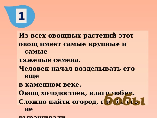 1 Из всех овощных растений этот овощ имеет самые крупные и самые тяжелые семена. Человек начал возделывать его еще в каменном веке. Овощ холодостоек, влаголюбив. Сложно найти огород, где бы его не выращивали.  бобы 