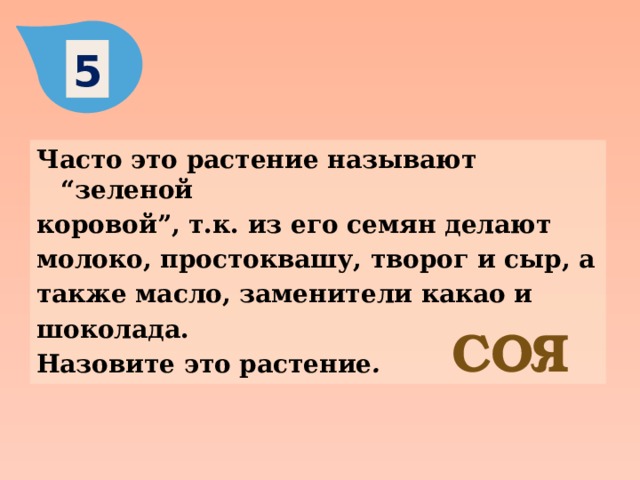 5 Часто это растение называют “зеленой коровой”, т.к. из его семян делают молоко, простоквашу, творог и сыр, а также масло, заменители какао и шоколада. Назовите это растение . СОЯ 