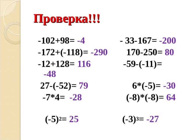 Проверка!!! -102+98= -4 - 33-167= -200 -172+(-118)= -290 170-250= 80 -12+128= 116 -59-(-11)= -48  27-(-52)= 79 6*(-5)= -30  -7*4= -28 (-8)*(-8)= 64   (-5) 2 = 25   (-3) 3 = -27  