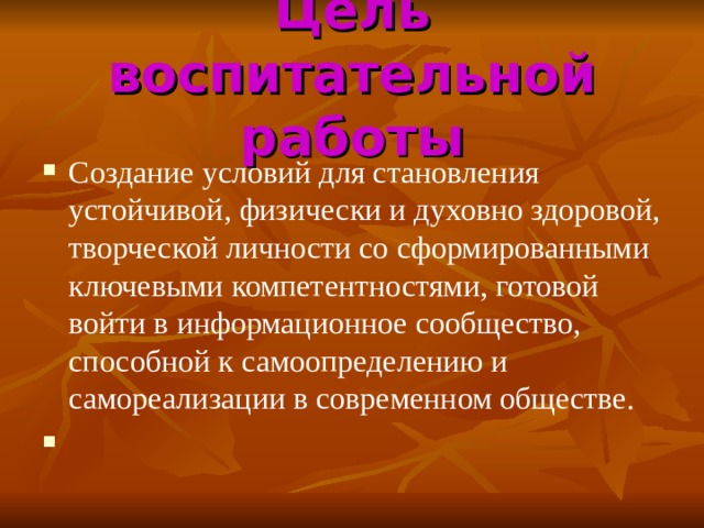 Цель воспитательной работы Создание условий для становления устойчивой, физически и духовно здоровой, творческой личности со сформированными ключевыми компетентностями, готовой войти в информационное сообщество, способной к самоопределению и самореализации в современном обществе.   