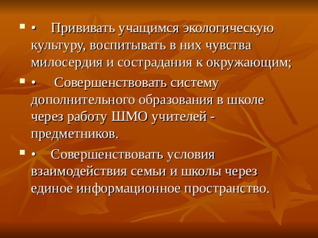 •  Прививать учащимся экологическую культуру, воспитывать в них чувства милосердия и сострадания к окружающим; •   Совершенствовать систему дополнительного образования в школе через работу ШМО учителей - предметников. •  Совершенствовать условия взаимодействия семьи и школы через единое информационное пространство.  