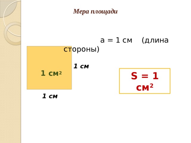 Мера площади  a = 1 см (длина стороны)  1 см 2 1 см S = 1 см 2 1 см 
