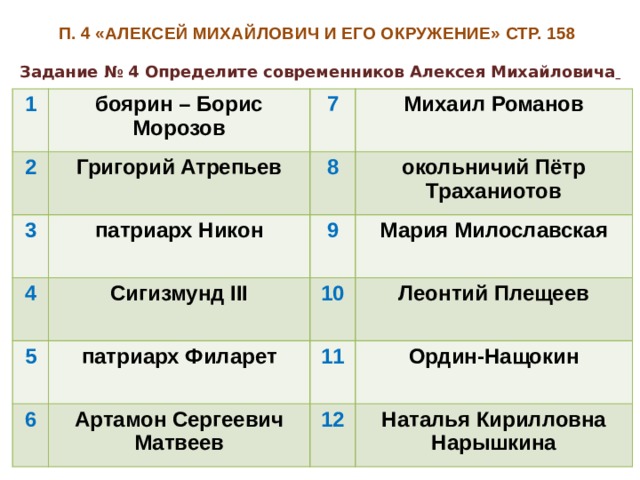 п. 4 «Алексей Михайлович и его окружение» стр. 158 Задание № 4 Определите современников Алексея Михайловича 1 боярин – Борис Морозов 2 7 Григорий Атрепьев 3 Михаил Романов 8 патриарх Никон 4 Сигизмунд III окольничий Пётр Траханиотов 9 5 6 патриарх Филарет Мария Милославская 10 Леонтий Плещеев 11 Артамон Сергеевич Матвеев Ордин-Нащокин 12 Наталья Кирилловна Нарышкина