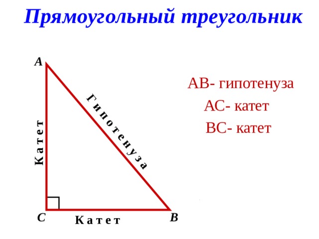 Прямоугольный треугольник К а т е т Г и п о т е н у з а А  АВ- гипотенуза АС- катет ВС- катет В С К а т е т 