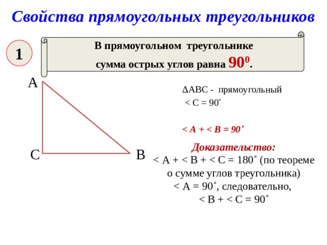 Свойства прямоугольных треугольников В прямоугольном треугольнике сумма острых углов равна 90 0 . 1 А ΔАВС - прямоугольный     Доказательство: С В Б.Г. Зив,В.М. Мейлер «Дидактические материалы по геометрии для 7 класса» 