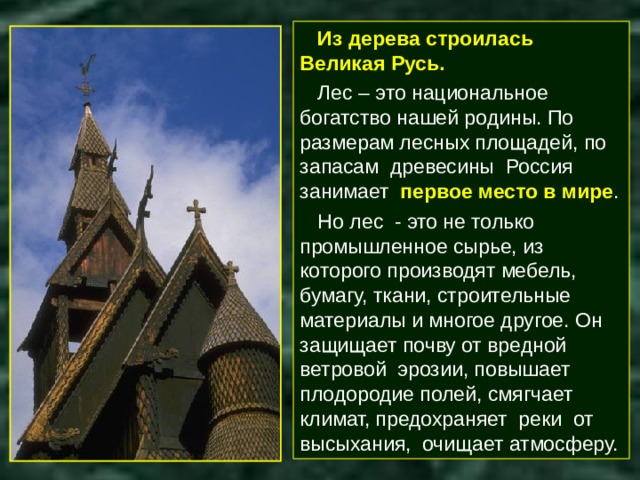 Из дерева строилась Великая Русь. Лес – это национальное богатство нашей родины. По размерам лесных площадей, по запасам древесины Россия занимает первое место в мире . Но лес - это не только промышленное сырье, из которого производят мебель, бумагу, ткани, строительные материалы и многое другое. Он защищает почву от вредной ветровой эрозии, повышает плодородие полей, смягчает климат, предохраняет реки от высыхания, очищает атмосферу. 