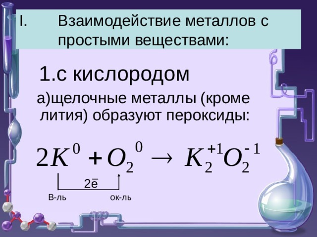 Взаимодействие металлов с простыми веществами:  1.с кислородом  а)щелочные металлы (кроме лития) образуют пероксиды: 2е В-ль ок-ль 