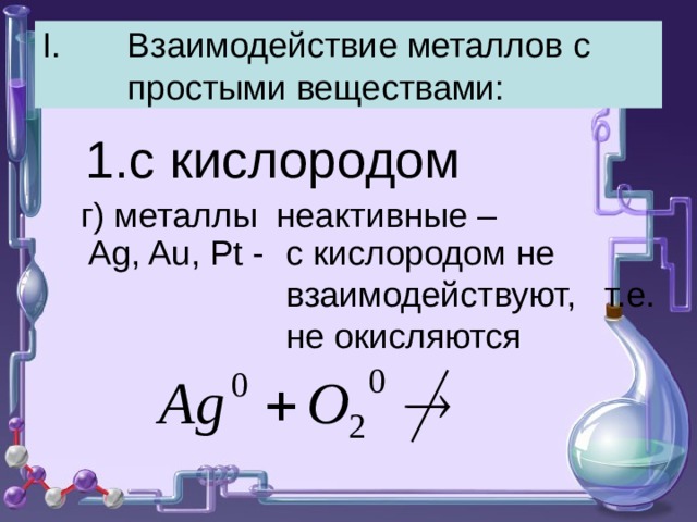 Взаимодействие металлов с простыми веществами:  1.с кислородом  г) металлы неактивные – Ag, Au, Pt - с кислородом не взаимодействуют, т.е. не окисляются 