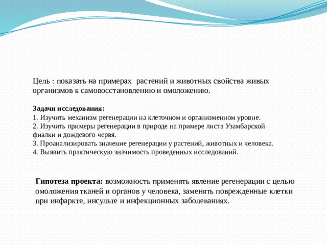 Цель : показать на примерах растений и животных свойства живых организмов к самовосстановлению и омоложению. Задачи исследования: 1. Изучить механизм регенерации на клеточном и организменном уровне. 2. Изучить примеры регенерации в природе на примере листа Узамбарской фиалки и дождевого червя. 3. Проанализировать значение регенерации у растений, животных и человека. 4. Выявить практическую значимость проведенных исследований. Гипотеза проекта: возможность применять явление регенерации с целью омоложения тканей и органов у человека, заменять поврежденные клетки при инфаркте, инсульте и инфекционных заболеваниях. 