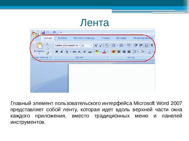 Лента Главный элемент пользовательского интерфейса Microsoft Word 2007 представляет собой ленту, которая идет вдоль верхней части окна каждого приложения, вместо традиционных меню и панелей инструментов. 