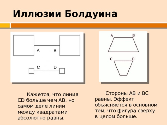 Иллюзии Болдуина  Стороны AB и BC равны. Эффект объясняется в основном тем, что фигура сверху в целом больше.  Кажется, что линия СD больше чем AB, но самом деле линии между квадратами абсолютно равны. 
