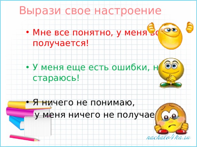 Вырази свое настроение Мне все понятно, у меня все получается! У меня еще есть ошибки, но я стараюсь! Я ничего не понимаю,  у меня ничего не получается! 