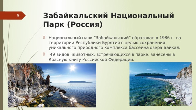 Забайкальский Национальный Парк (Россия)  Национальный парк “Забайкальский” образован в 1986 г. на территории Республики Бурятия с целью сохранения уникального природного комплекса бассейна озера Байкал.   49 видов животных, встречающихся в парке, занесены в Красную книгу Российской Федерации. 