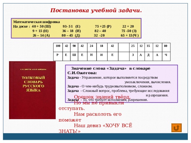 Постановка учебной задачи.  Математическая шифровка  На доске  : 40 + 50 (Ш) 93- 51 (Е) 75 +25 (Р) 22 + 20  9 + 15 (Н) 36 – 18 (И) 82 – 40 75 -50 (З)  26 – 14 (А) 80 – 45 (Д) 32 -20 65 + 15(Ч ) 100  42  Р  Е  90  42  Ш  24  Е  18  Н  И  42  Е  25  12  З  35  А  12  Д  80  А  Ч   Значение слова «Задача» в словаре С.И.Ожегова: Задача - Упражнение, которое выполняется посредством  умозаключения, вычисления. Задача - О чем-нибудь трудновыполнимом, сложном. Задача - Сложный вопрос, проблема, требующие исследования  и разрешения. Задача - То, что требует исполнения, разрешения.  Орешек знаний твёрд,  Но мы не привыкли отступать.  Нам расколоть его поможет  Наш девиз «ХОЧУ ВСЁ ЗНАТЬ!» 