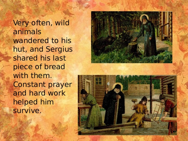 Very often, wild animals wandered to his hut, and Sergius shared his last piece of bread with them. Constant prayer and hard work helped him survive. 