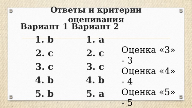 Ответы и критерии оценивания Вариант 2 Вариант 1 1. b 1. a 2. c 2. c 3. c 3. c 4. b 4. b 5. a 5. b Оценка «3» - 3 Оценка «4» - 4 Оценка «5» - 5