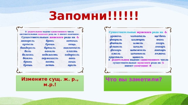 Запомни!!!!!! Измените сущ. ж. р., м.р.! Что вы заметили? 