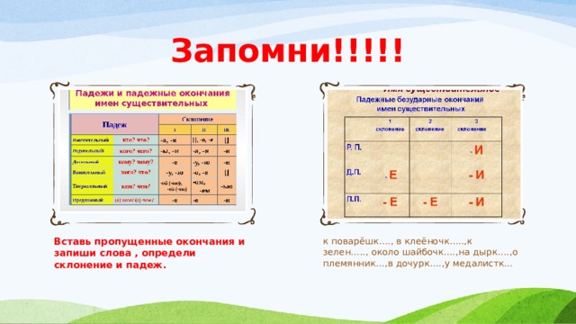 Запомни!!!!! Вставь пропущенные окончания и запиши слова , определи склонение и падеж. к поварёшк…., в клеёночк…..,к зелен….., около шайбочк….,на дырк….,о племянник…,в дочурк….,у медалистк... 