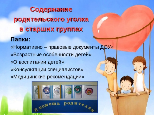Содержание родительского уголка в старших группах  Папки: «Нормативно – правовые документы ДОУ» «Возрастные особенности детей» «О воспитании детей» «Консультации специалистов» «Медицинские рекомендации» 
