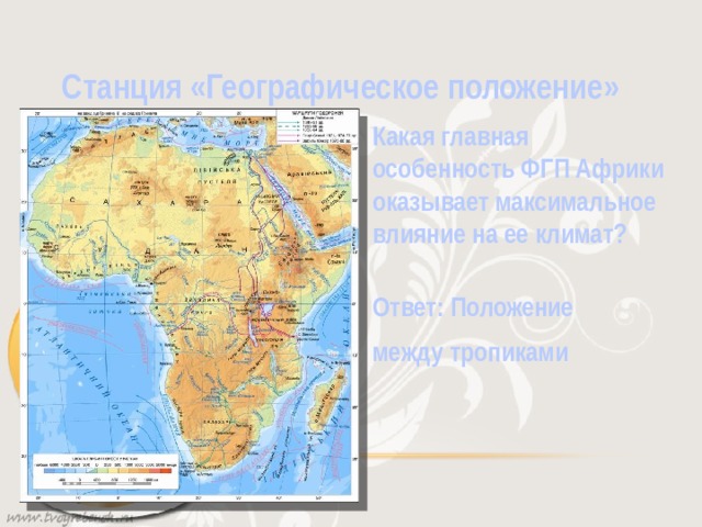  Станция «Географическое положение» Какая главная особенность ФГП Африки оказывает максимальное влияние на ее климат? Ответ: Положение между тропиками 
