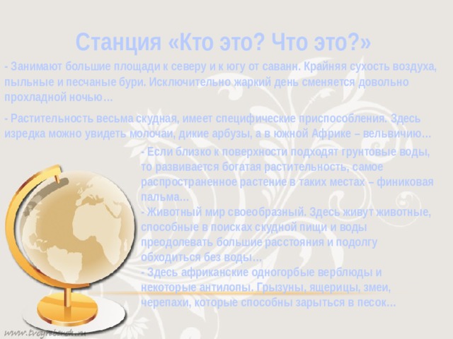 Станция «Кто это? Что это?» - Занимают большие площади к северу и к югу от саванн. Крайняя сухость воздуха, пыльные и песчаные бури. Исключительно жаркий день сменяется довольно прохладной ночью… - Растительность весьма скудная, имеет специфические приспособления. Здесь изредка можно увидеть молочаи, дикие арбузы, а в южной Африке – вельвичию…  - Если близко к поверхности подходят грунтовые воды, то развивается богатая растительность, самое распространенное растение в таких местах – финиковая пальма… - Животный мир своеобразный. Здесь живут животные, способные в поисках скудной пищи и воды преодолевать большие расстояния и подолгу обходиться без воды… - Здесь африканские одногорбые верблюды и некоторые антилопы. Грызуны, ящерицы, змеи, черепахи, которые способны зарыться в песок… 