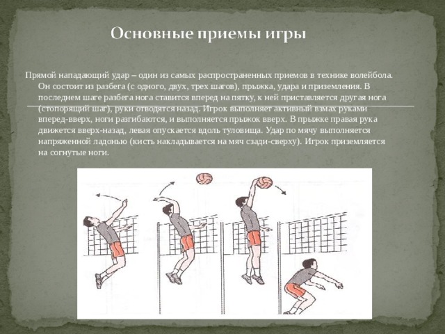 Прямой нападающий удар – один из самых распространенных приемов в технике волейбола. Он состоит из разбега (с одного, двух, трех шагов), прыжка, удара и приземления. В последнем шаге разбега нога ставится вперед на пятку, к ней приставляется другая нога (стопорящий шаг), руки отводятся назад. Игрок выполняет активный взмах руками вперед-вверх, ноги разгибаются, и выполняется прыжок вверх. В прыжке правая рука движется вверх-назад, левая опускается вдоль туловища. Удар по мячу выполняется напряженной ладонью (кисть накладывается на мяч сзади-сверху). Игрок приземляется на согнутые ноги. 