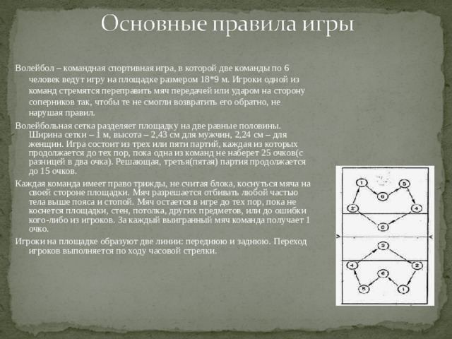 Волейбол – командная спортивная игра, в которой две команды по 6 человек ведут игру на площадке размером 18*9 м. Игроки одной из команд стремятся переправить мяч передачей или ударом на сторону соперников так, чтобы те не смогли возвратить его обратно, не нарушая правил. Волейбольная сетка разделяет площадку на две равные половины. Ширина сетки – 1 м, высота – 2,43 см для мужчин, 2,24 см – для женщин. Игра состоит из трех или пяти партий, каждая из которых продолжается до тех пор, пока одна из команд не наберет 25 очков(с разницей в два очка). Решающая, третья(пятая) партия продолжается до 15 очков. Каждая команда имеет право трижды, не считая блока, коснуться мяча на своей стороне площадки. Мяч разрешается отбивать любой частью тела выше пояса и стопой. Мяч остается в игре до тех пор, пока не коснется площадки, стен, потолка, других предметов, или до ошибки кого-либо из игроков. За каждый выигранный мяч команда получает 1 очко. Игроки на площадке образуют две линии: переднюю и заднюю. Переход игроков выполняется по ходу часовой стрелки. 