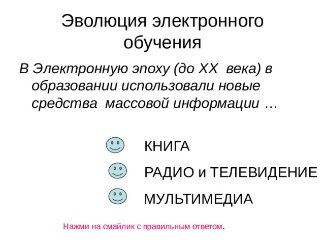 Эволюция электронного обучения В Электронную эпоху (до XX века) в образовании использовали новые средства массовой информации … КНИГА РАДИО и ТЕЛЕВИДЕНИЕ МУЛЬТИМЕДИА Нажми на смайлик с правильным ответом . 