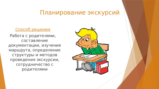 Планирование экскурсий Способ решения Работа с родителями, составление документации, изучение маршрута, определение структуры и методов проведения экскурсии, сотрудничество с родителями 