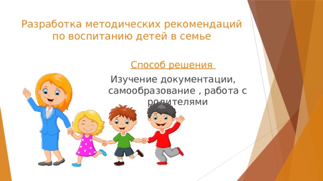 Разработка методических рекомендаций по воспитанию детей в семье Способ решения Изучение документации, самообразование , работа с родителями 