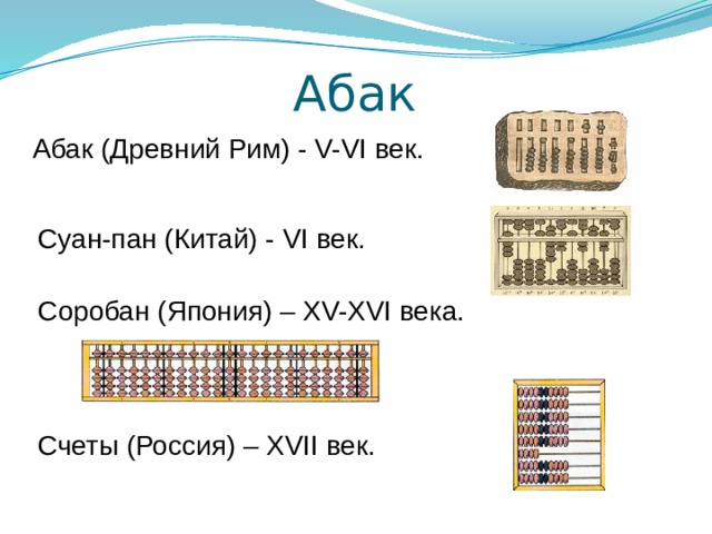 Абак Абак (Древний Рим) - V-VI век. Суан-пан (Китай) - VI век. Соробан (Япония) – XV-XVI века.  Счеты (Россия) – XVII век. 