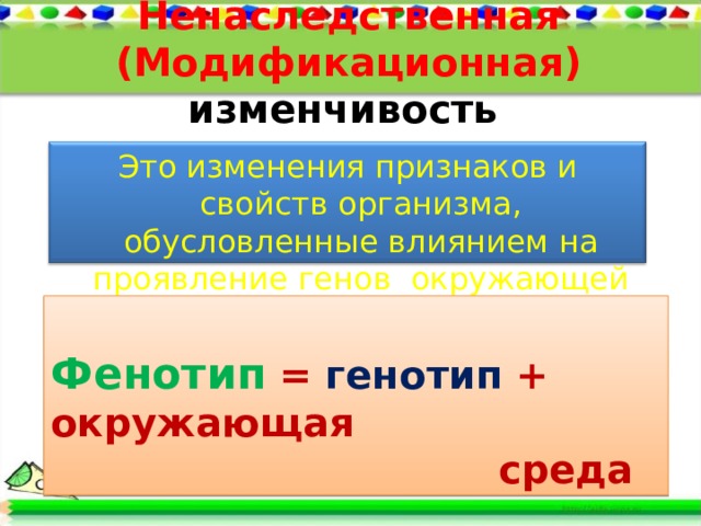 Ненаследственная ( Модификационная )  изменчивость  Это изменения признаков и свойств организма, обусловленные влиянием на проявление генов окружающей среды. Фенотип = генотип + окружающая        среда 