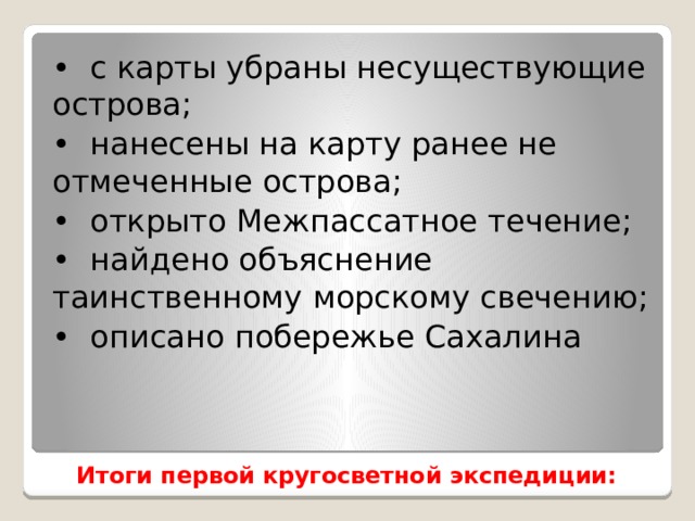 • с карты убраны несуществующие острова; • нанесены на карту ранее не отмеченные острова; • открыто Межпассатное течение; • найдено объяснение таинственному морскому свечению; • описано побережье Сахалина Итоги первой кругосветной экспедиции:   