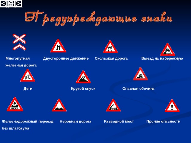 Многопутная Двустороннее движение Скользкая дорога Выезд на набережную железная дорога  Дети Крутой спуск Опасная обочина Железнодорожный переезд Неровная дорога Разводной мост Прочие опасности без шлагбаума 