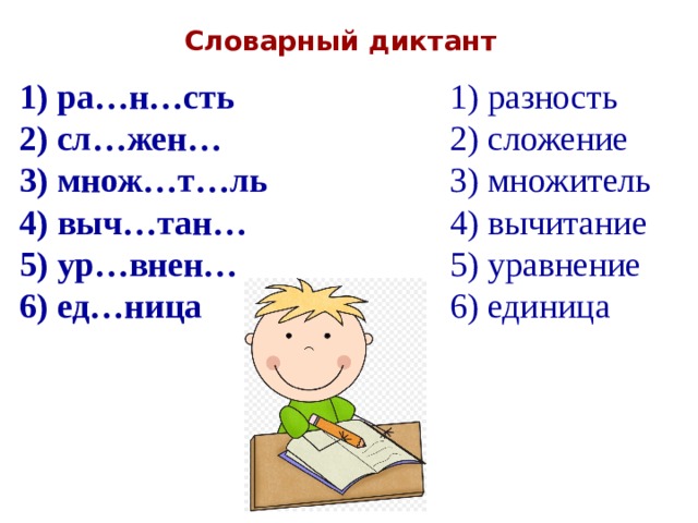 Словарный диктант 1) ра…н…сть 1) разность 2) сл…жен… 2) сложение 3) множ…т…ль 3) множитель 4) выч…тан… 4) вычитание 5) ур…внен… 5) уравнение 6) ед…ница 6) единица 