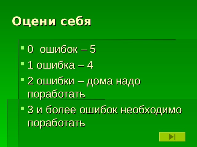 Оцени себя 0 ошибок – 5 1 ошибка – 4 2 ошибки – дома надо поработать 3 и более ошибок необходимо поработать 