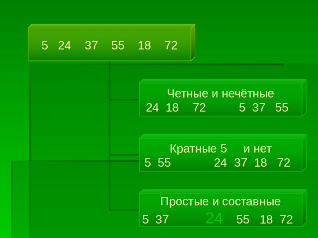 5  24  37  55  18  72 Четные и нечётные 24 18 72 5 37 55 Кратные 5 и нет 5 55 24 37 18 72  Простые и составные 5 37 24  55 18 72  