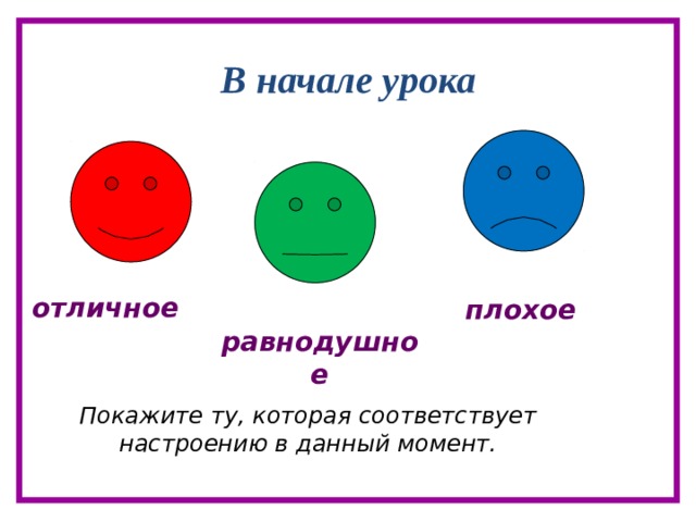 В начале урока отличное плохое равнодушное Покажите ту, которая соответствует настроению в данный момент. 