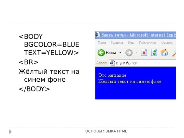  Жёлтый текст на синем фоне  ОСНОВЫ ЯЗЫКА HTML 