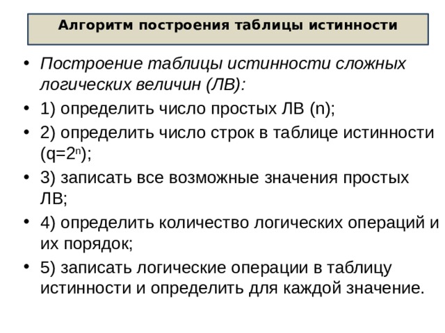 Алгоритм построения таблиц. Алгоритм построения таблицы истинности. Алгоритм построения таблицы. Восстанови алгоритм построения таблицы истинности. Запишите алгоритм построения таблицы истинности.